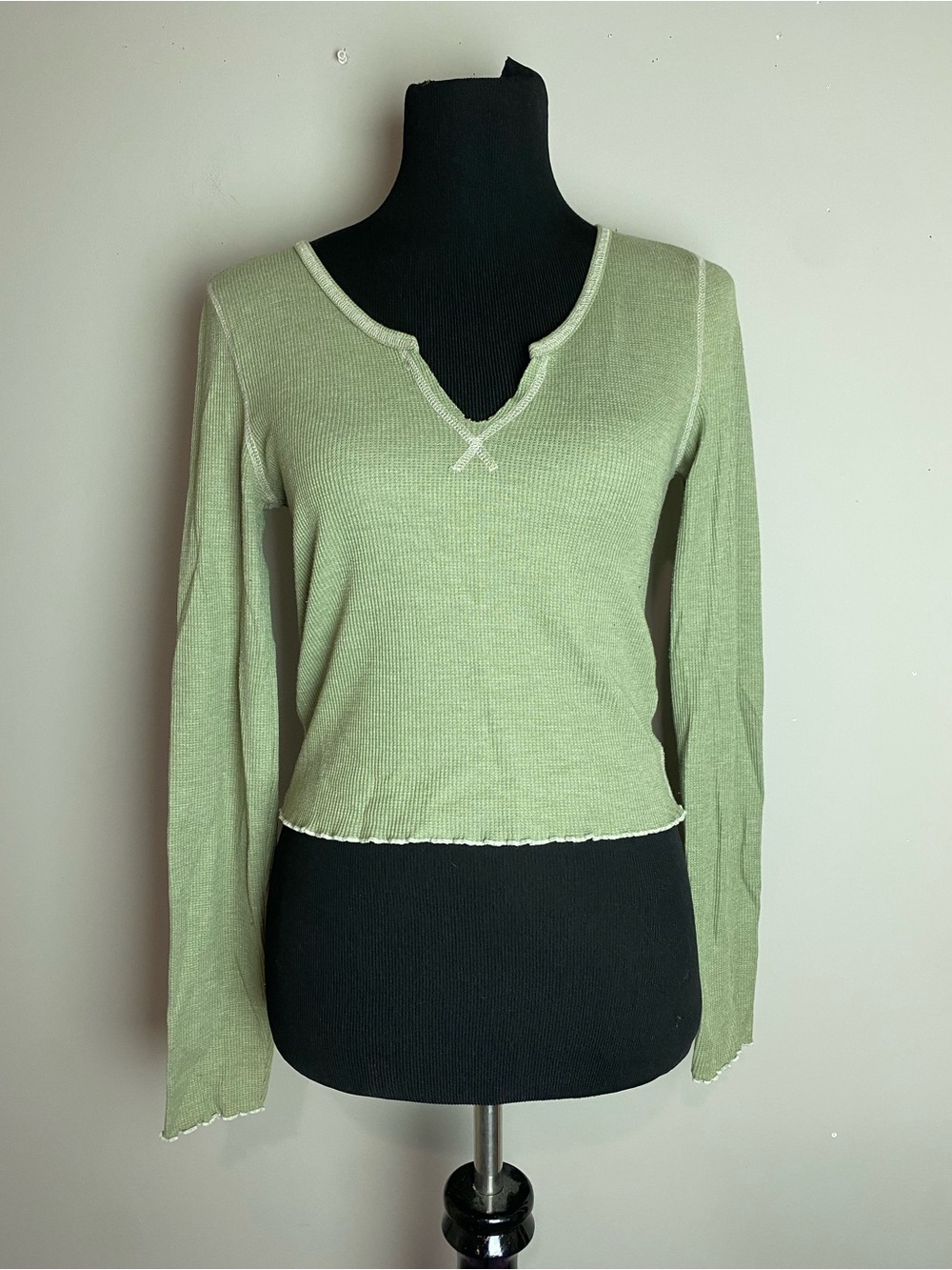 American Eagle Outfitters Ribbed V-Neck Long Sleeve Top - Sage